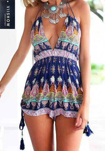 Printed Plunge Neck Romper