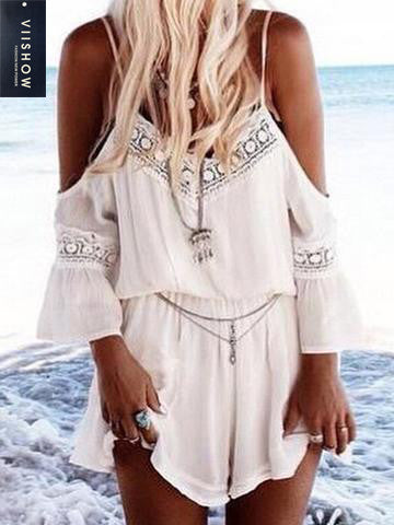 White Trumpet Sleeves Spaghetti Strap Romper Playsuit Jumpsuit