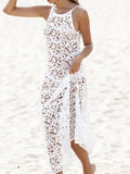 White Spaghetti Strap Deep V Back Sleeveless Lace Crochet Maxi Dress