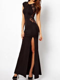Black Maxi Bodycon Dress with Slit and Lace Panel