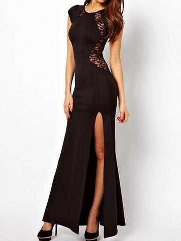 Black Maxi Bodycon Dress with Slit and Lace Panel