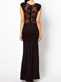 Black Maxi Bodycon Dress with Slit and Lace Panel