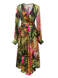 Green Wrap Long Sleeve Leaves Print Maxi Dress
